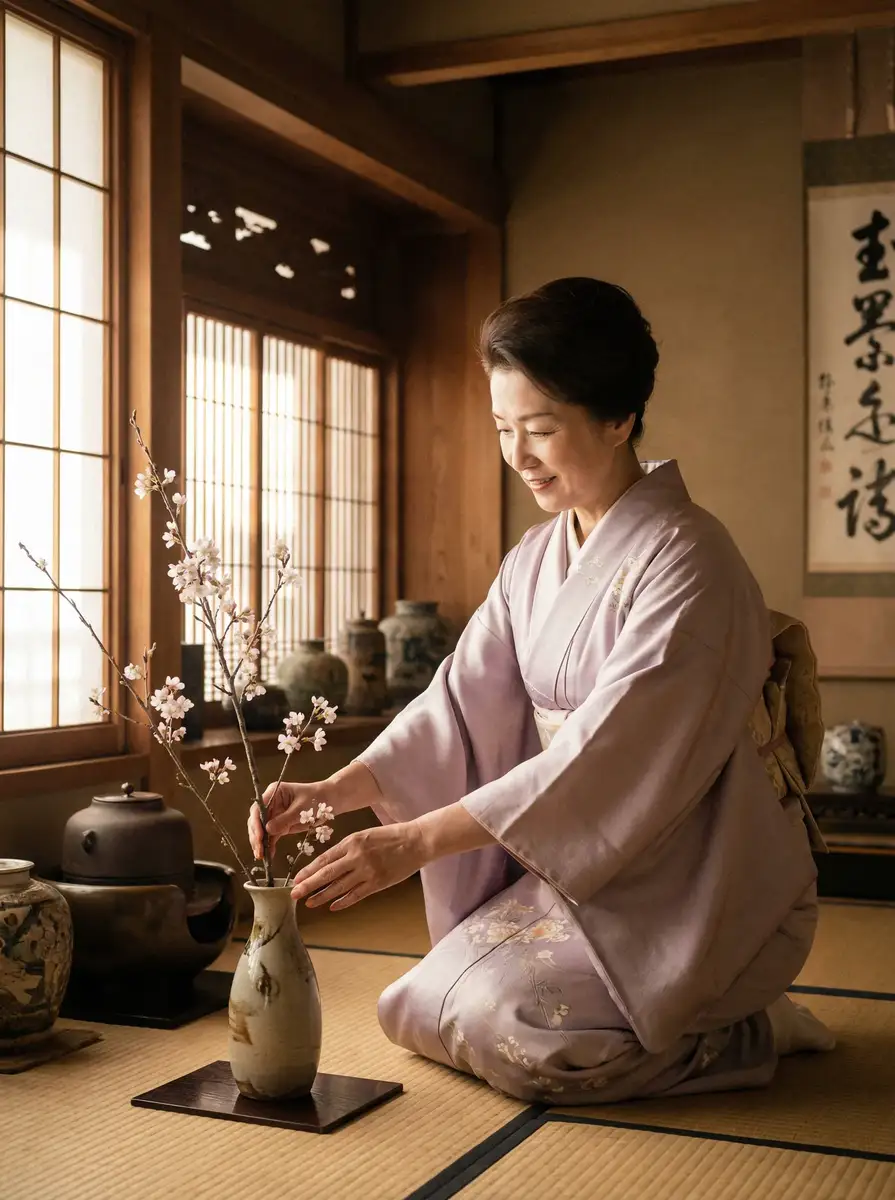 一位优雅的 吉祥坊网址 在和室中插花